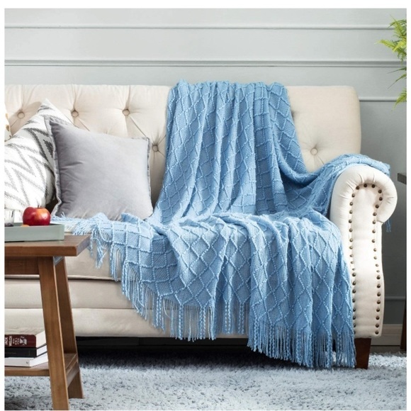 Light Pink Modern Farmhouse Boho Tassel Knit Throw Cozy Fringe Patterned Blanket - Picture 16 of 16